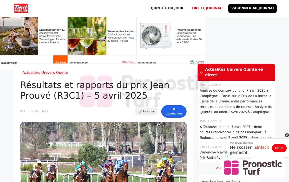 Capture : Résultats et rapports du prix Jean Prouvé (R3C1) - 5 avril 2025 Tierce Magazine